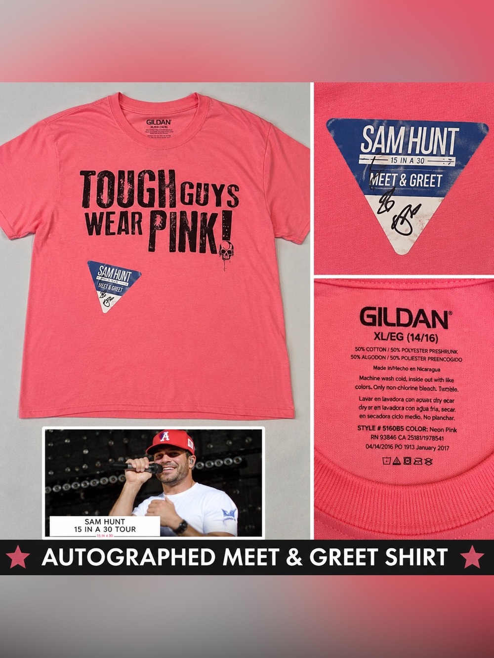Sam Hunt Signed Meet & Greet Tour Tee Youth XL Tough Guys Wear Pink Shirt
